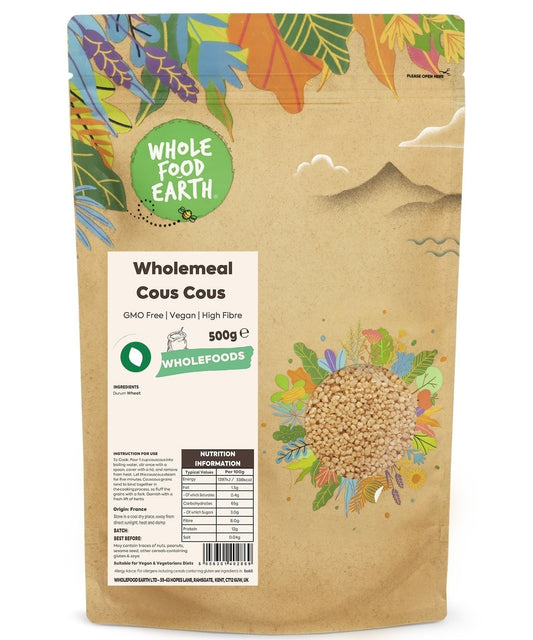 Wholemeal couscous from ArtisanBox, GMO-free, vegan wholefood grain served in a bowl with fresh herbs and vegetables.