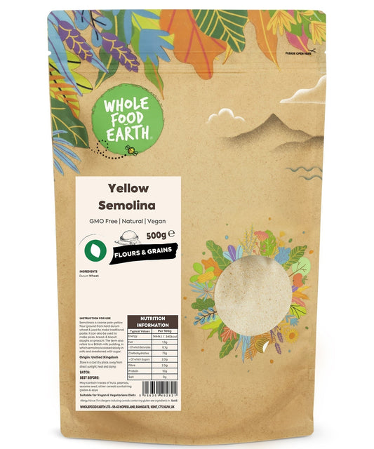 Whole yellow semolina from ArtisanBox, GMO-free and vegan, shown in a close-up image of the granular product.