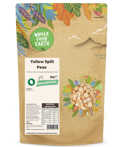 Whole Food Earth yellow split peas, GMO-free beans and pulses, close-up of natural yellow split peas on a white background.