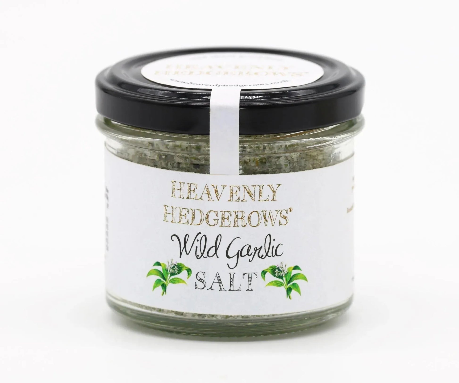 Heavenly Hedgerows Wild Garlic Salt in a jar, showing the textured salt infused with fresh wild garlic for culinary use.
