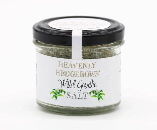 Heavenly Hedgerows Wild Garlic Salt in a jar, showing the textured salt infused with fresh wild garlic for culinary use.