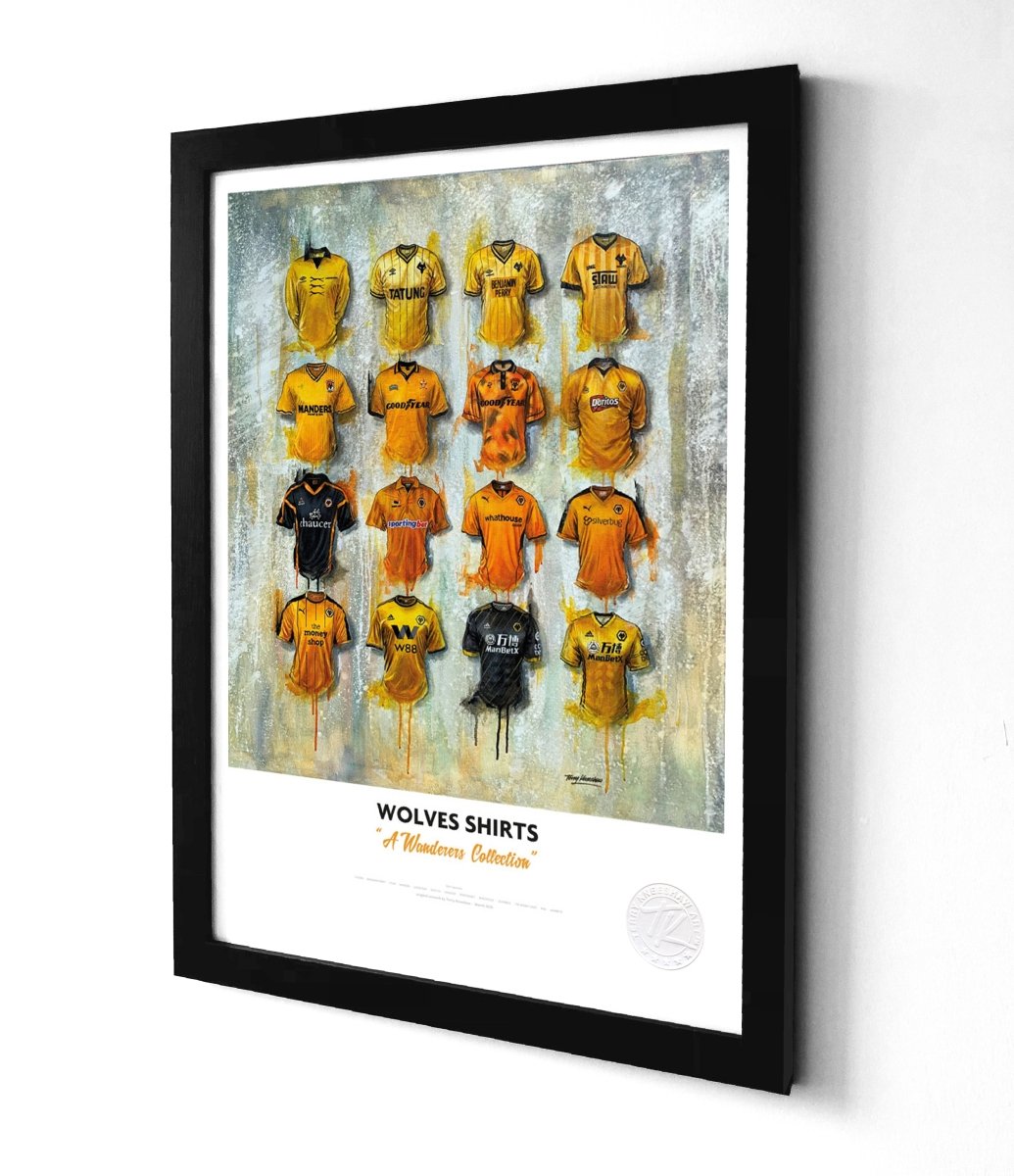 Limited edition A3 framed print of wolves by Terry Kneeshaw Art featuring gold and black wolf shirt wall art.