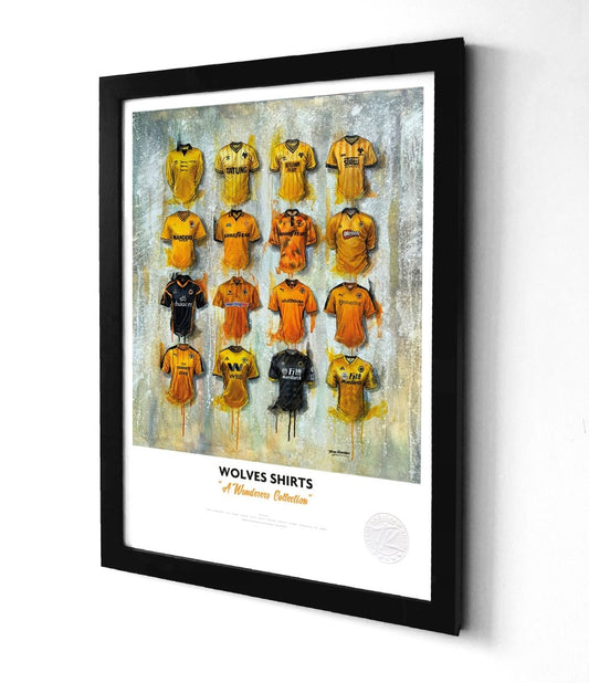 Limited edition A3 framed print of wolves by Terry Kneeshaw Art featuring gold and black wolf shirt wall art.