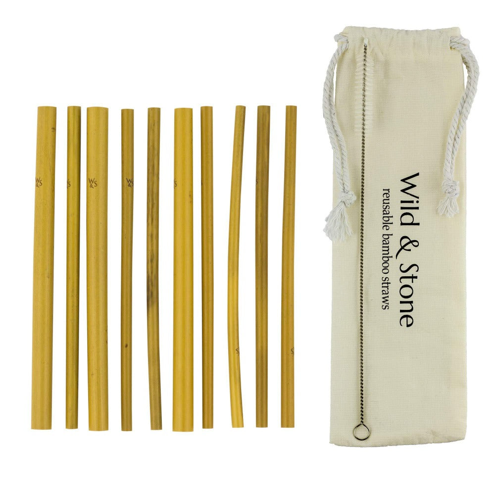 Set of 10 reusable bamboo drinking straws from Wild And Stone, eco-friendly and natural bamboo straws on a neutral background.