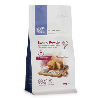 3D image of Whole Food Earth high strength baking powder, a mineral and salt product used for baking and cooking.
