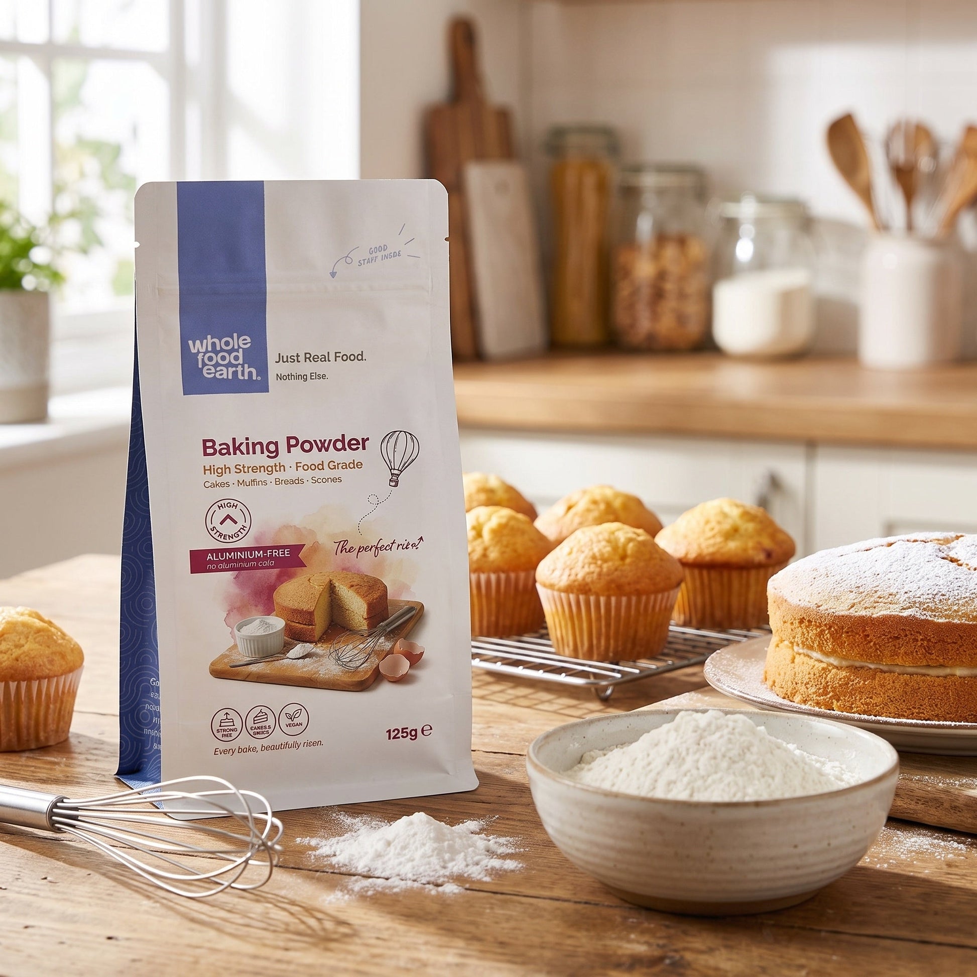 Whole Food Earth high strength baking powder made from minerals and salts, shown in a natural kitchen setting.