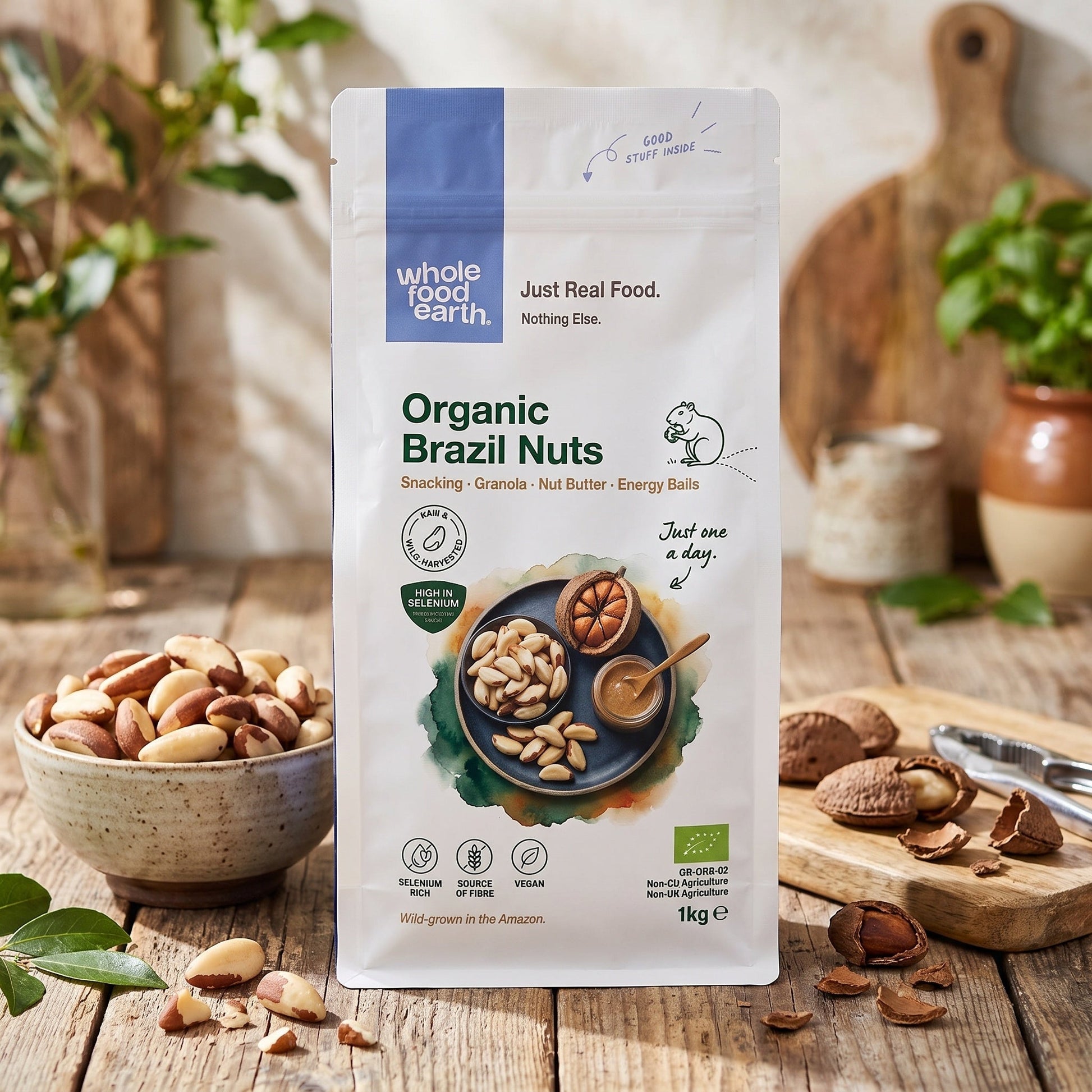Whole Food Earth whole Brazil nuts in a bowl, showcasing their large, irregular shapes and natural brown shells as part of a nuts and seeds display.