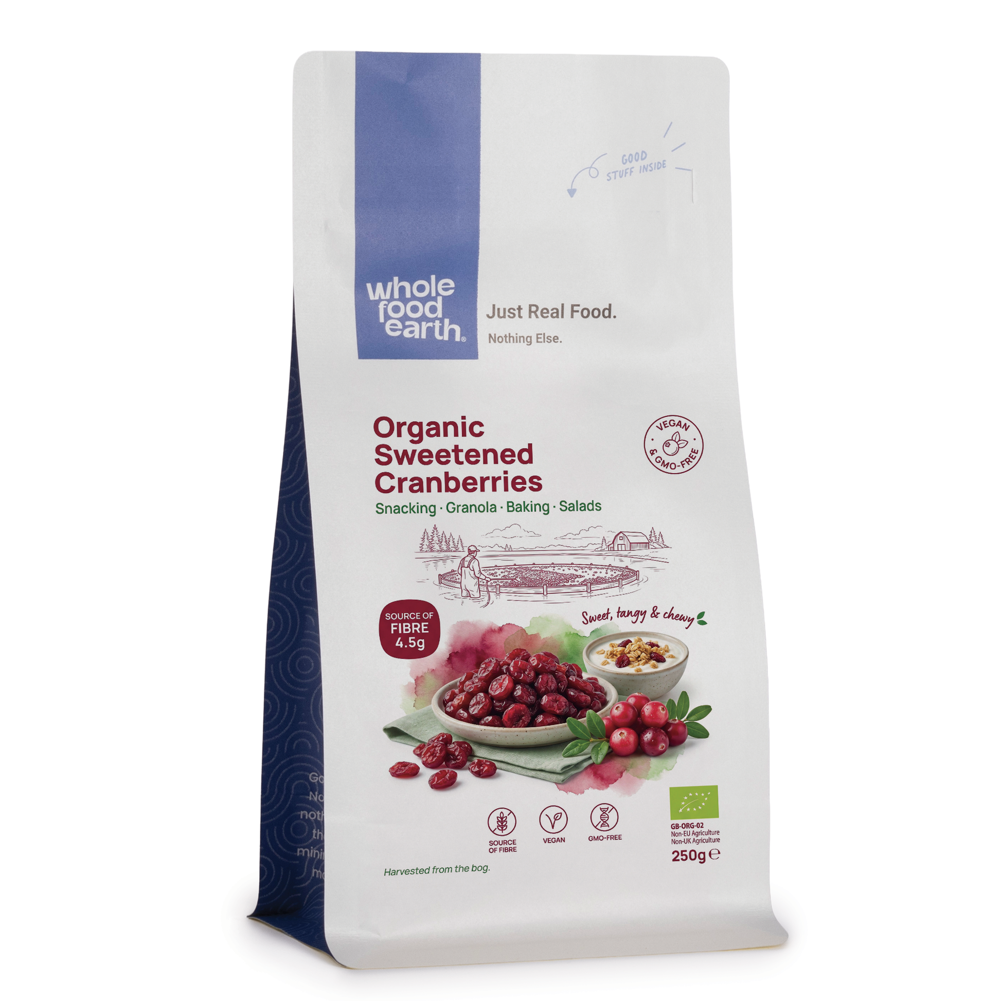 Dried cranberries slices and whole cranberries from Whole Food Earth, showcasing vibrant red dried fruit pieces.