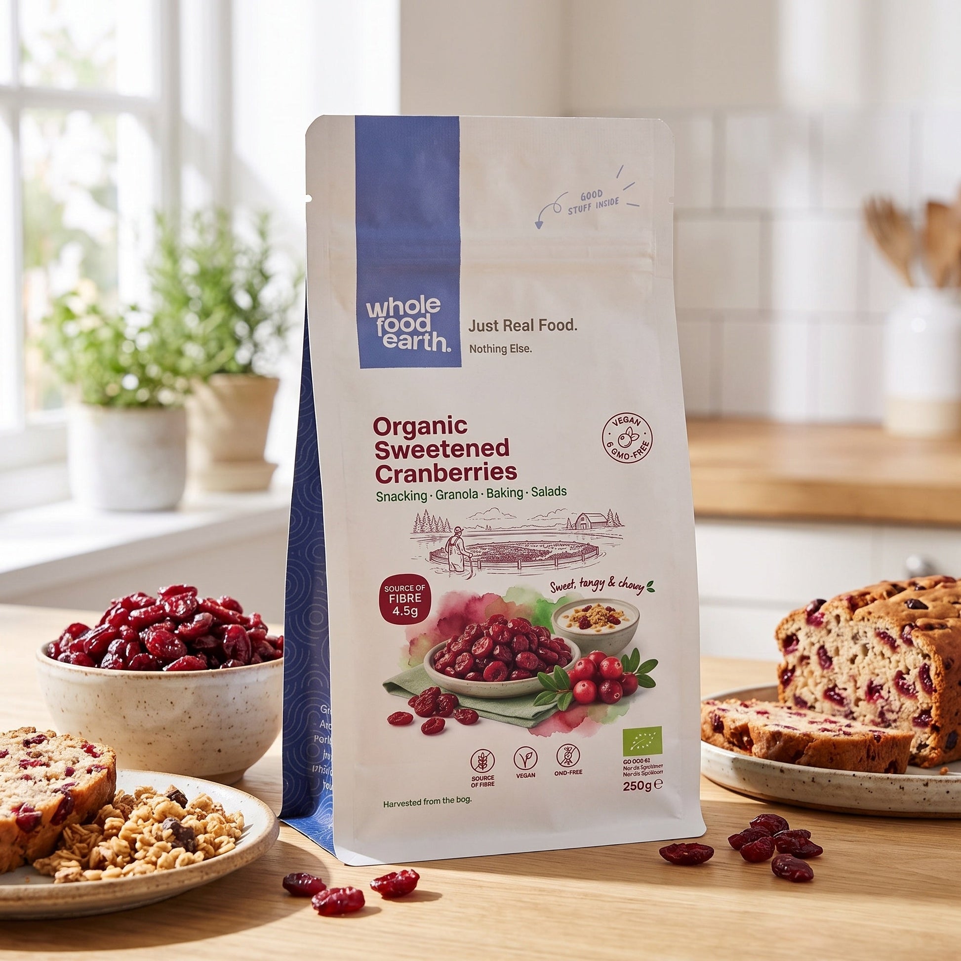 Dried cranberries sliced and whole from Whole Food Earth, showcasing vibrant red dried fruits on a wooden surface.