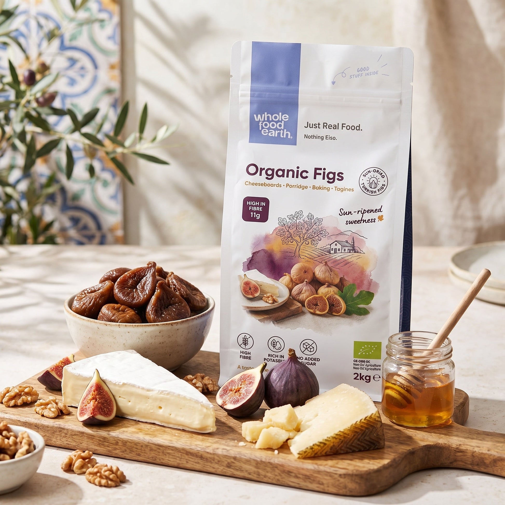 Dried organic figs from Whole Food Earth arranged in a bowl, showcasing their rich color and natural texture.