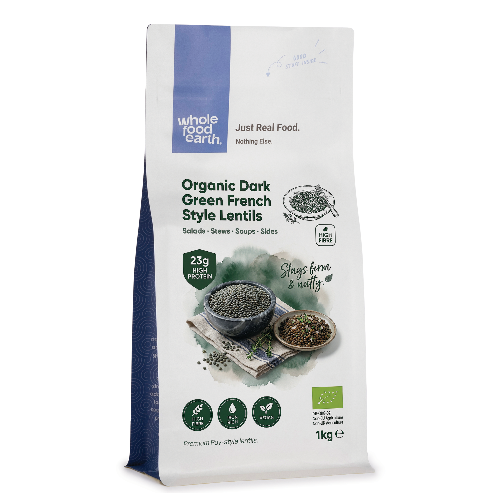 Organic dark green French style lentils from Whole Food Earth, showing a close-up of plump, glossy lentils in a bowl.