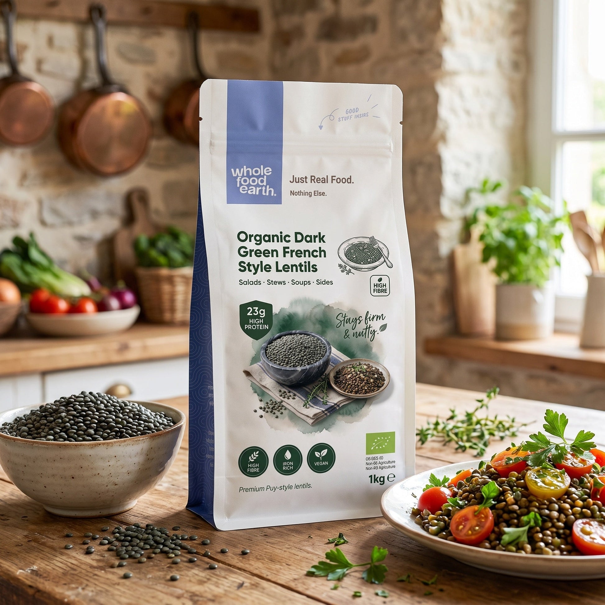 Organic dark green French lentils from Whole Food Earth, shown in a natural setting with a bowl of cooked lentils and fresh herbs.