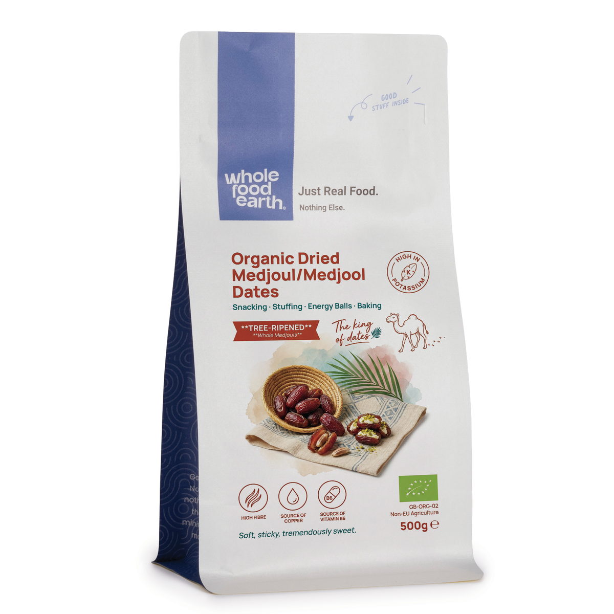Organic dried Medjoul dates from Whole Food Earth, showcasing plump, glossy Medjool dates in a natural dried fruit display.
