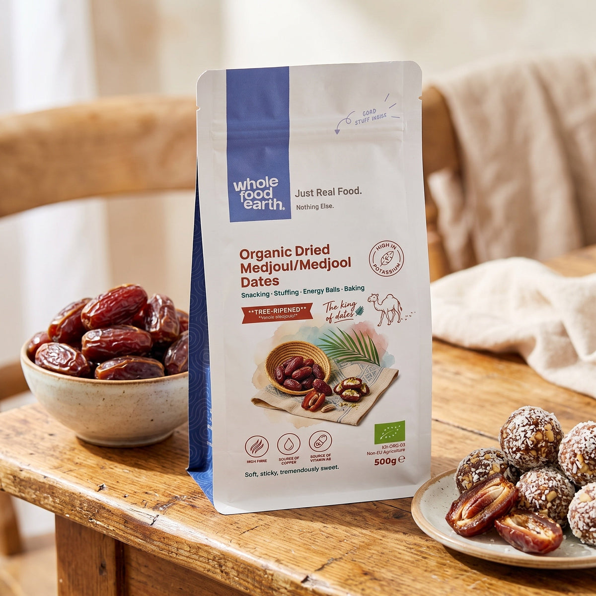 Organic dried Medjoul dates from Whole Food Earth, showcasing plump, glossy Medjool dates in a natural setting.