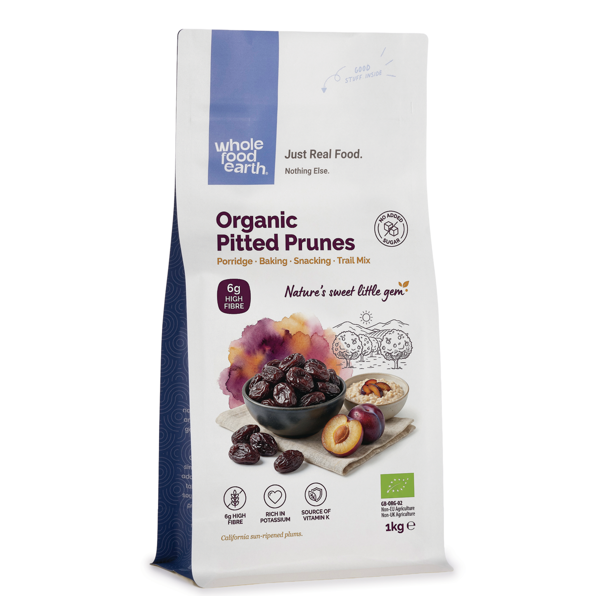 Organic pitted prunes, dried fruit from Whole Food Earth, showing shiny, plump prunes ready to eat.