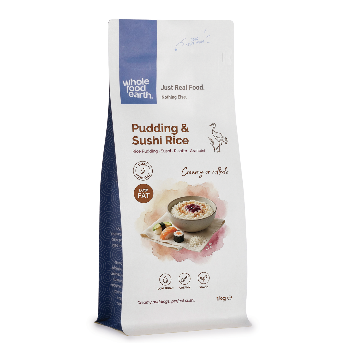 Whole Food Earth pudding and sushi rice package, showing the rice grains in a clear, vibrant bag for rice and couscous variety.