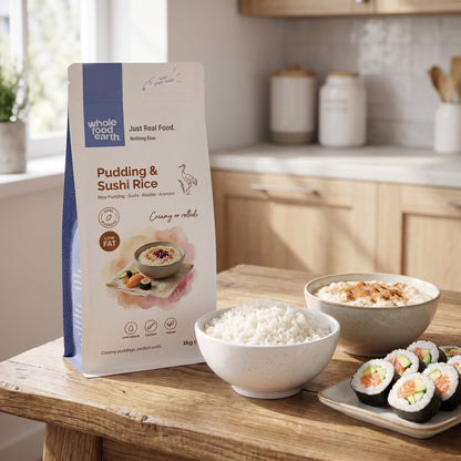 Whole Food Earth pudding and sushi rice in a bowl, showcasing cooked rice with a smooth texture and versatile use in dishes.