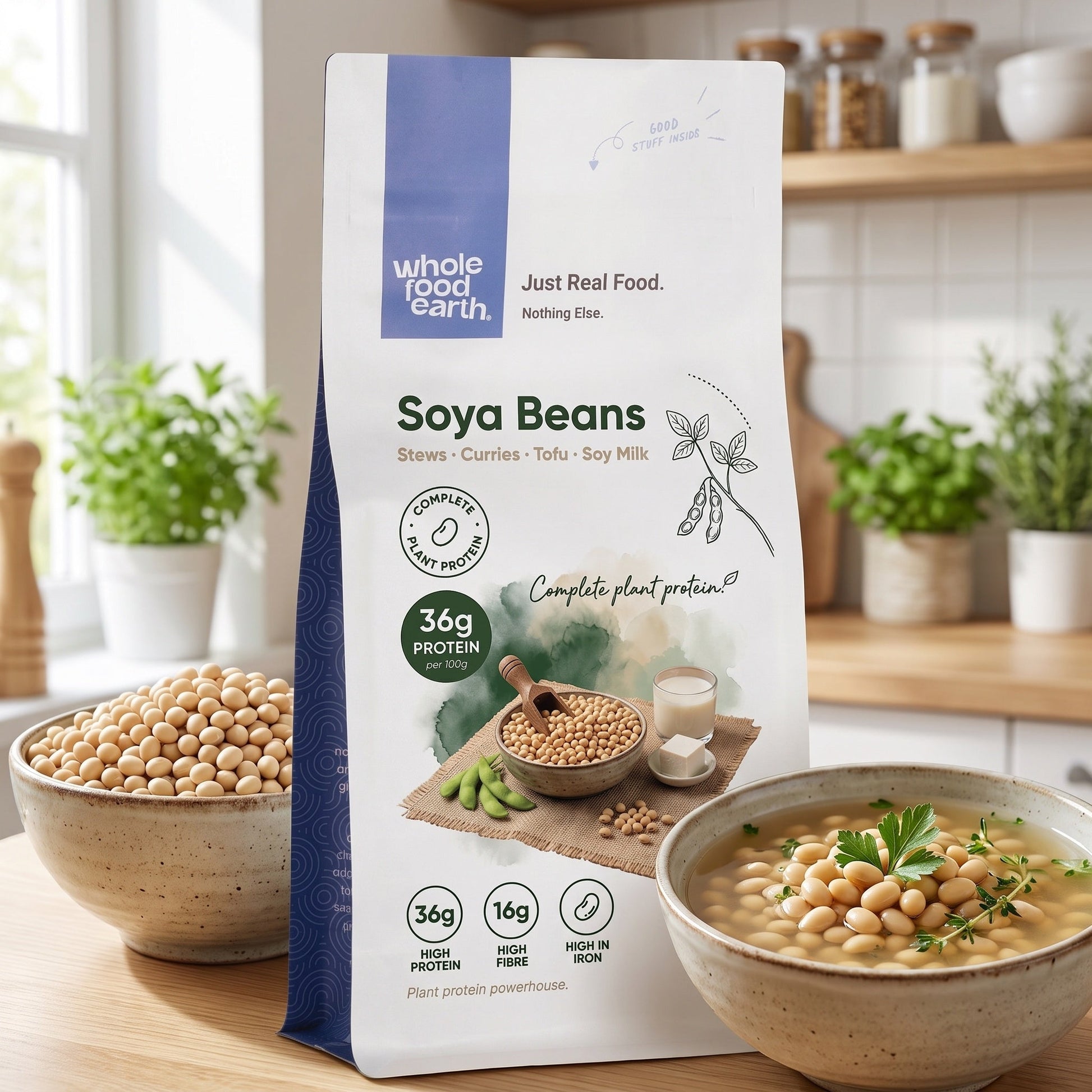 Whole Food Earth soya beans in a bowl with fresh vegetables on a rustic table, highlighting healthy beans and pulses.