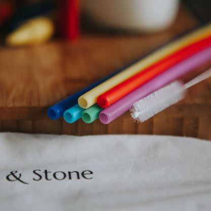 Set of six reusable silicone drinking straws from Wild And Stone, flexible and eco-friendly for beverages.