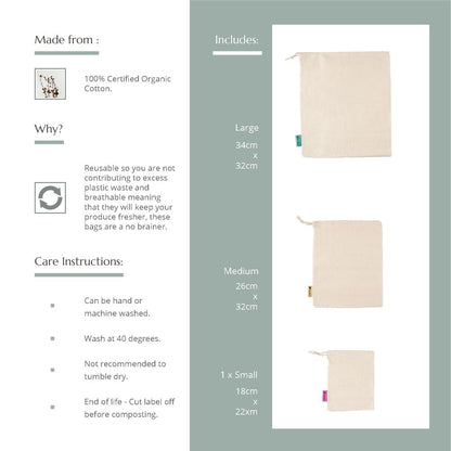 Set of three Wild And Stone reusable produce bags made from organic cotton, perfect for shopping fresh fruits and vegetables.